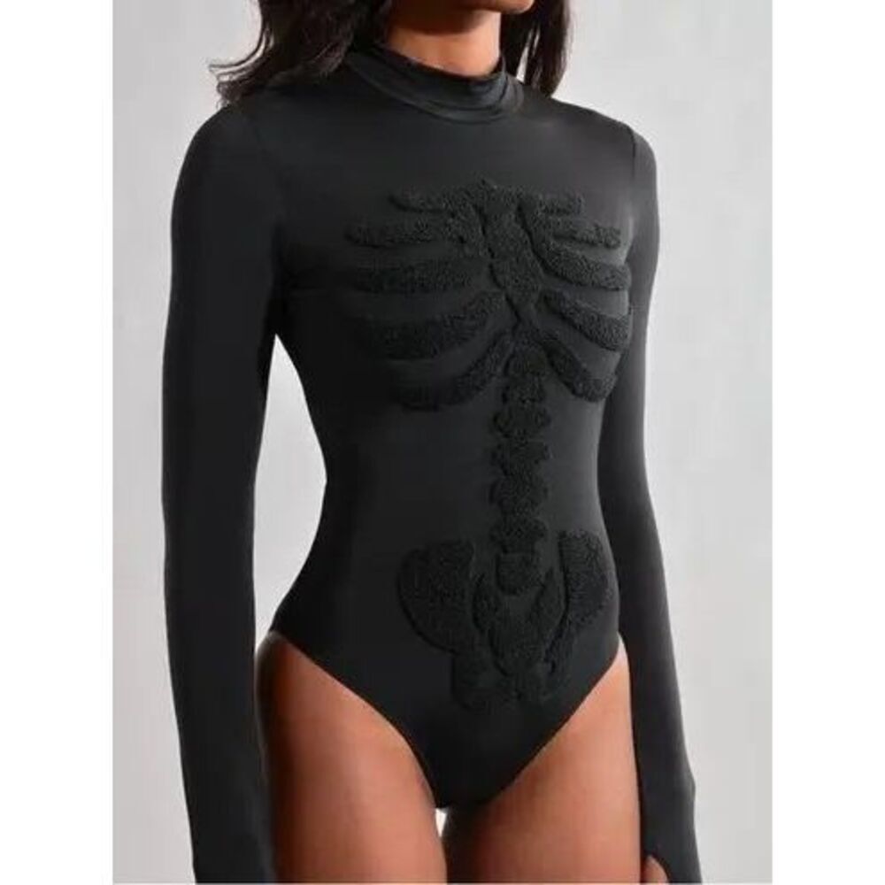 Buffbunny Skeleton Teddy Bodysuit Black Long Sleeve Mock Neck NWT Size Medium